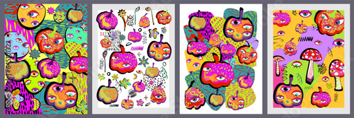 Colourful pumpkins and flowers with eyes, set of vecrot posters