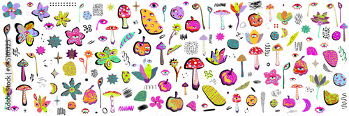 Set of colourful graphic elements, flowers, pumpkins, mushrooms with eyes