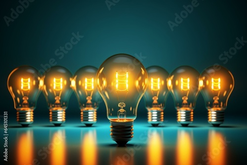 A row of inactive bulbs with one illuminated symbolizing idea, leadership, or creativity. 3D illustration with space for text. Generative AI