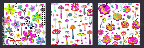 Set of spooky seamless patterns, flowers, mushrooms, pumpkins with eyes and scribble