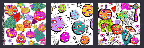 Abstract shapes and pumpkins with eyes, set of seamless patterns