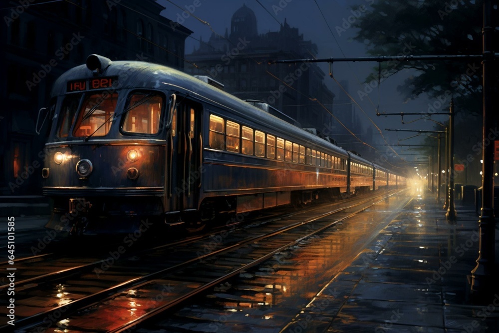 Nighttime city train, sunlight on buildings, parallel tracks, shadows. Generative AI