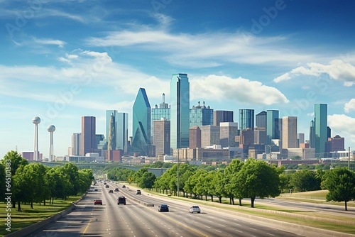 Impressive urban panorama showcasing Dallas downtown with iconic highway, park, and the renowned Reunion Tower. Generative AI © Elora