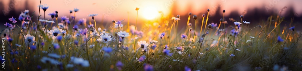 flowers and grass in a countryside at sunset time springtime Generative AI - obrazy, fototapety, plakaty 