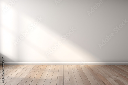 white empty wall with wooden floor and interesting glare of sun from window. Interior background for the presentation of product