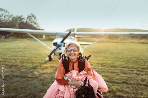 Portrait of a senior woman excited after skydiving for the first time and completing her bucket list