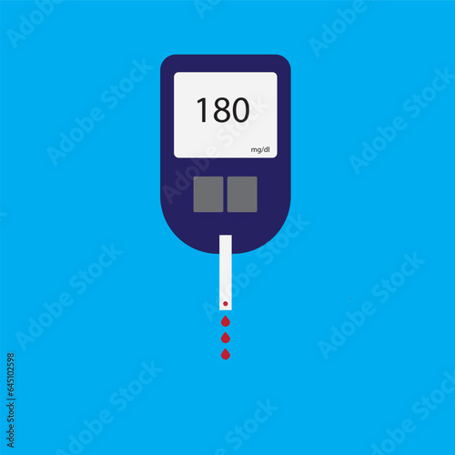 Glucometer illustration in a blue background showing a hyperglycemia 