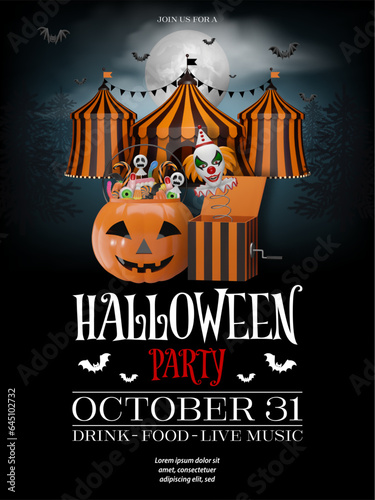 halloween poster with pumpkin bucket, evil clown and circus with orange and black stripes. halloween party flyer