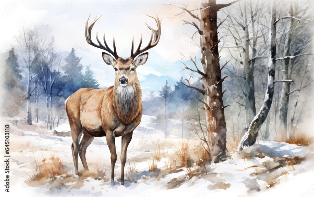 Watercolor winter background with deer Watercolor winter background with deer