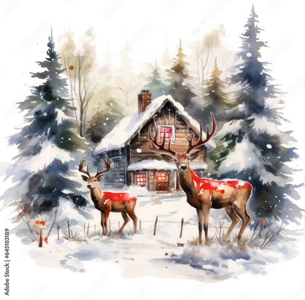 Watercolor winter background with deer Watercolor winter background with deer