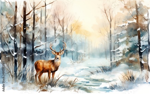 Watercolor winter background with deer