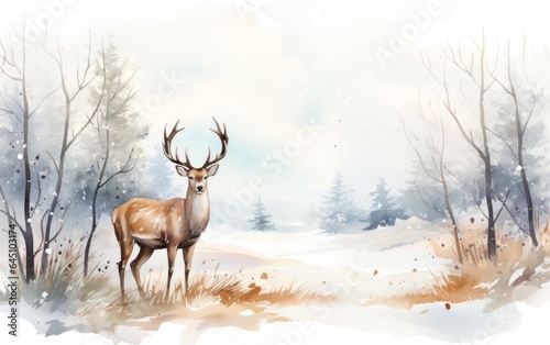 Watercolor winter background with deer