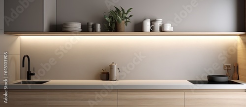 Minimalist interior concept with wood cabinet doors, light grey illuminated niche, sink, stove, and narrow shelf.