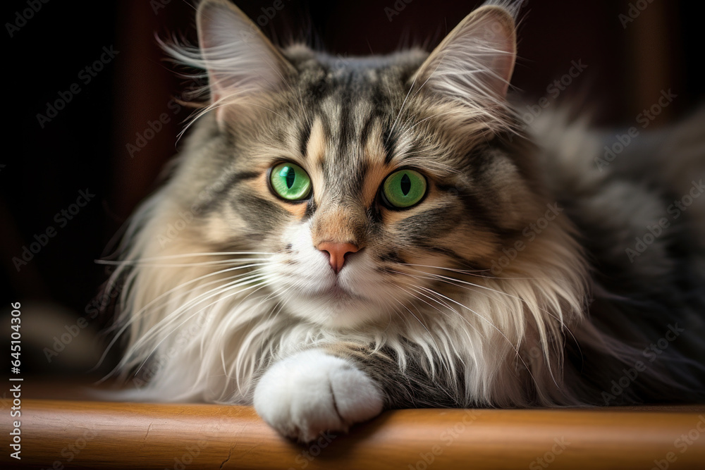 Close-up portrait of a Maine Coon cat looking at the camera, black background. Close-up portrait of a Maine Coon cat looking at the camera, black background.
