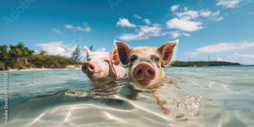 Pigs swimming in the sea capture the essence of a tropical vacation, showcasing an unusual yet dreamy travel destination with clear waters, sunny beaches, and the whimsical nature of a paradise island © Karat