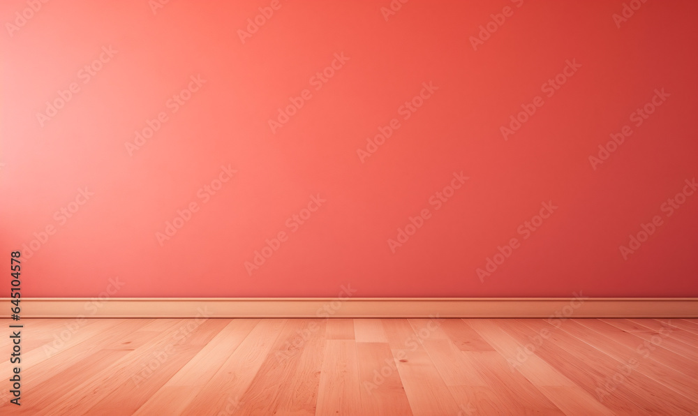 Minimal abstract light red background with wooden floor interior for product presentation. Minimal product display Minimal abstract light red background with wooden floor interior for product presentation. Minimal product display