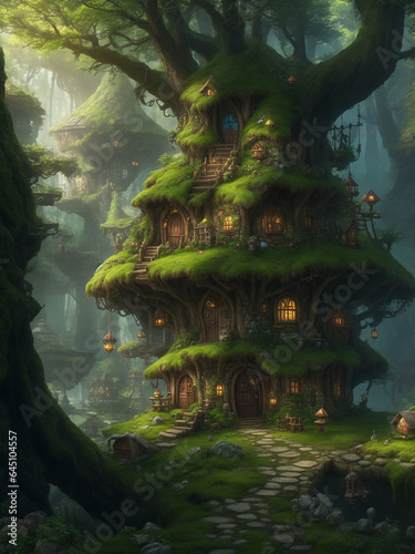 A beautiful tree house in an amidst jungle illuminated with lanterns - AI Generative © Being Imaginative