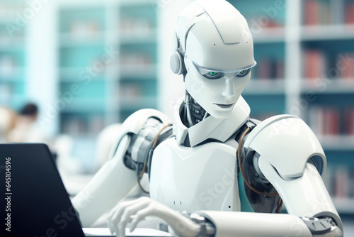 A humanoid robot studies with a laptop in a futuristic library. Using advanced AI technology, it processes data while circuits and neural networks continually optimize it.