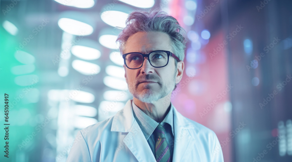 A male scientist portrait: A man with glasses, dressed in a lab coat, works in He embodies innovation and academic professionalism. Bright abstract lab Background. A male scientist portrait: A man with glasses, dressed in a lab coat, works in He embodies innovation and academic professionalism. Bright abstract lab Background.