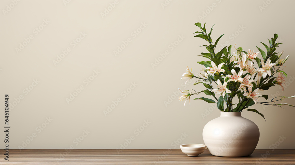 vase with plant on the empty table with white background for product display