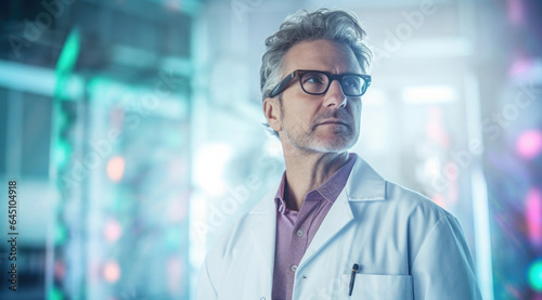 A male scientist portrait: A man with glasses, dressed in a lab coat, works in He embodies innovation and academic professionalism. Bright abstract lab Background.