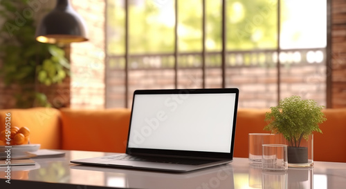 Laptop or notebook with blank screen on white wood table in blurry background in house or office modern, orange furniture and sunlight in morning.