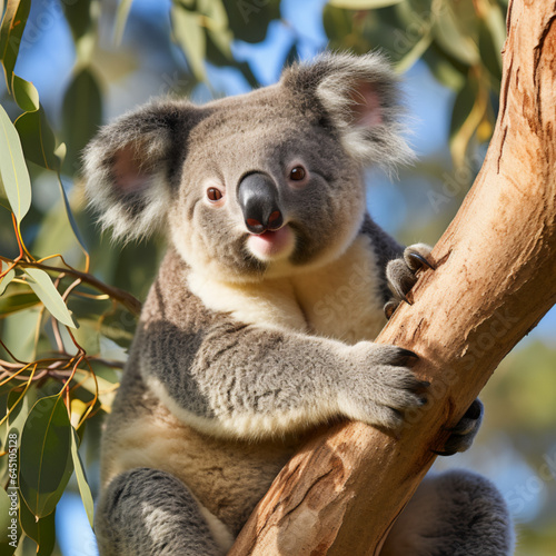 Koala perched on a eucalyptus tree branch. AI Generative.