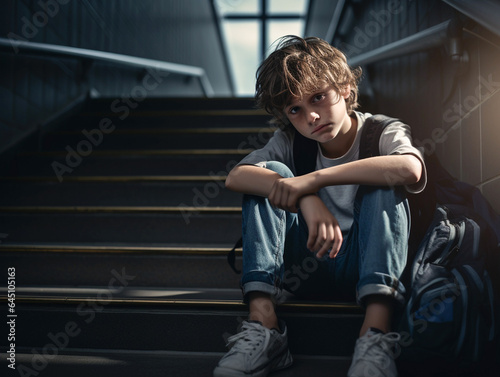 Upset boy sitting at school, worried after bullying by pupils classmates.