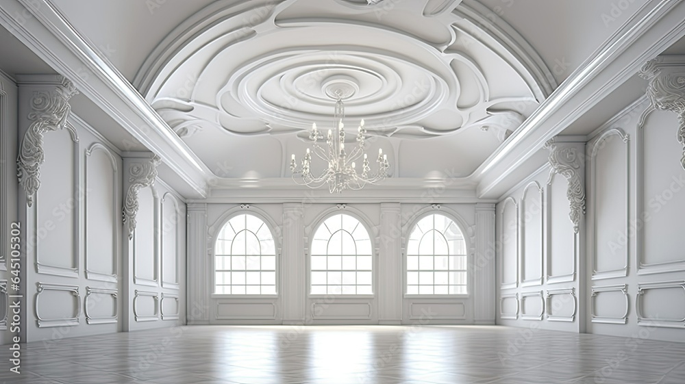 an empty room in an apartment or house, featuring an elegant white stretch ceiling with intricate shapes and integrated lighting. The complex ceiling design adds a touch of sophistication to the room.