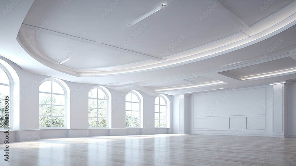 an empty room in an apartment or house, featuring an elegant white stretch ceiling with intricate shapes and integrated lighting. The complex ceiling design adds a touch of sophistication to the room.