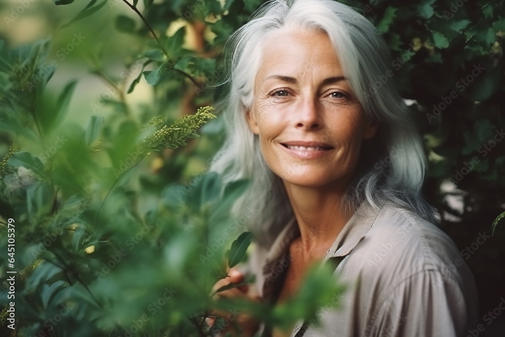Smiling middle age grey-haired woman in outside. Autumn Smiling middle age grey-haired woman in outside. Autumn