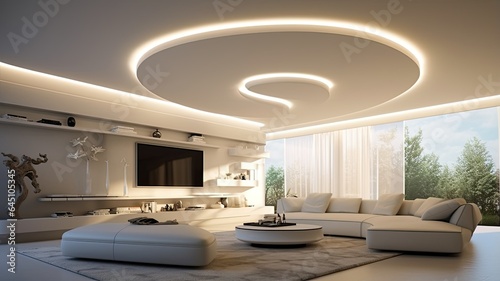 an empty room in an apartment or house  featuring an elegant white stretch ceiling with intricate shapes and integrated lighting. The complex ceiling design adds a touch of sophistication to the room.