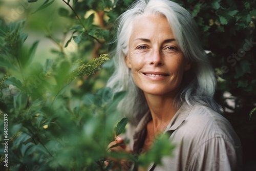 Smiling middle age grey-haired woman in outside. Autumn
