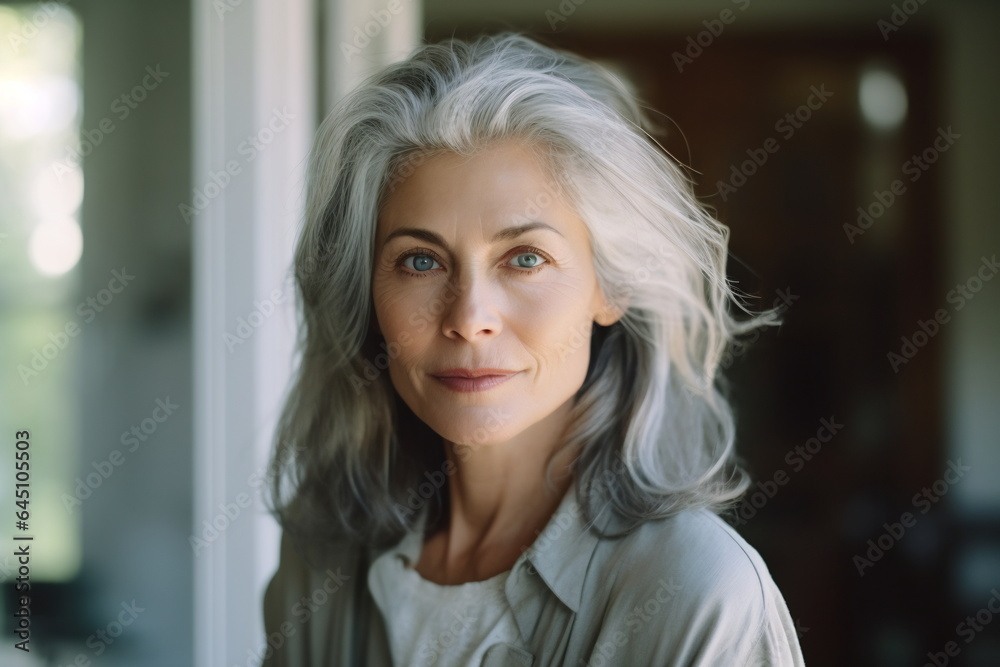 Smiling middle age grey-haired woman in outside. Autumn Smiling middle age grey-haired woman in outside. Autumn