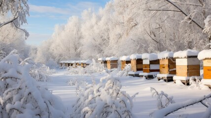 bee hives blanketed in snow during the winter season. The hives, nestled in a tranquil snowy landscape, convey the quiet beauty of nature in hibernation.