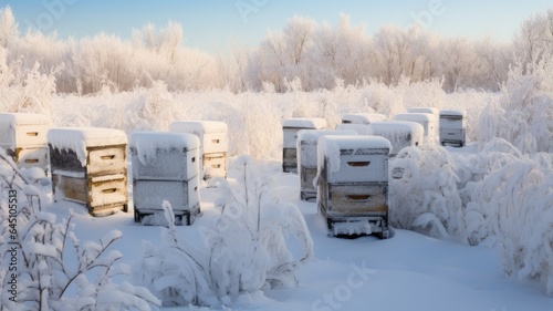 bee hives blanketed in snow during the winter season. The hives, nestled in a tranquil snowy landscape, convey the quiet beauty of nature in hibernation.