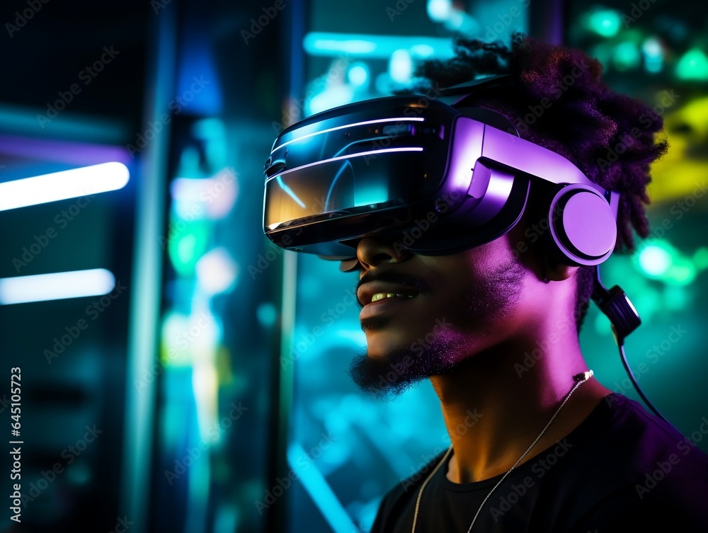 Man with VR glasses in neon space, cyberpunk Man with VR glasses in neon space, cyberpunk