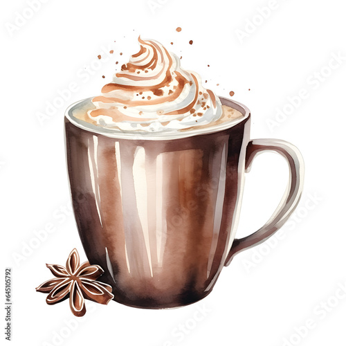 Mug of hot winter drink, watercolor cocoa mug, on white background. Ai generated