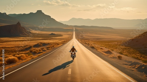 a sleek motorbike cruising down an empty, sunlit highway. The rider leans forward, fully immersed in the thrill of their motorcycle journey.