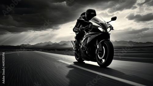 a sleek motorbike cruising down an empty, sunlit highway. The rider leans forward, fully immersed in the thrill of their motorcycle journey. © lililia
