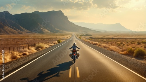 a sleek motorbike cruising down an empty, sunlit highway. The rider leans forward, fully immersed in the thrill of their motorcycle journey.