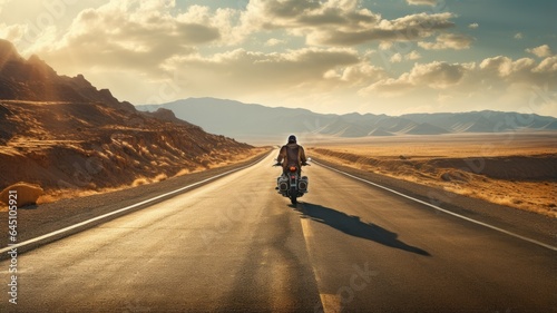 a sleek motorbike cruising down an empty, sunlit highway. The rider leans forward, fully immersed in the thrill of their motorcycle journey. © lililia