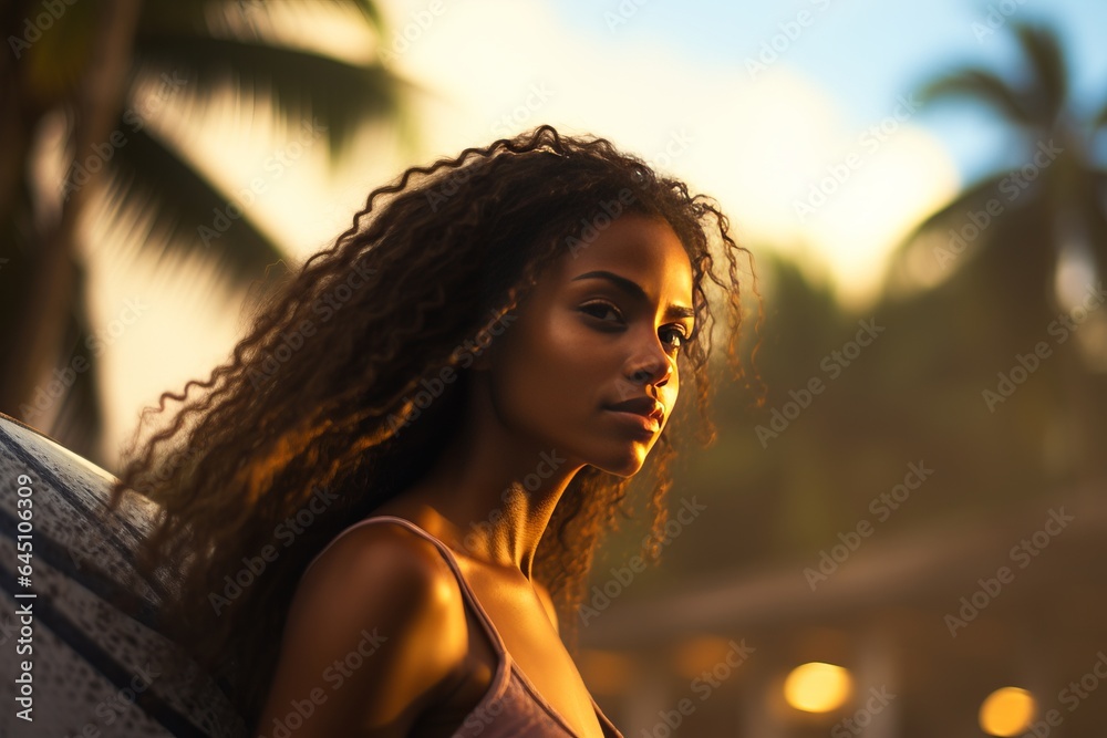 young black woman with curly hair wearing a bikini in the beach looking ...
