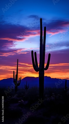 Silhouettes of cacti at sunset. Generative AI © BraveSpirit