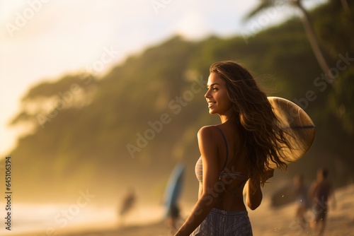 young latin woman with her surfboard on the beach looking to the camera smiling at sunset 