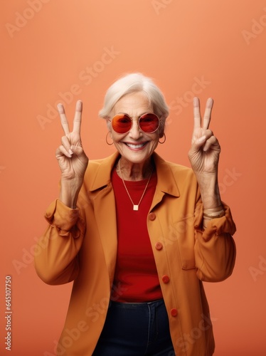 Cheerful senior woman in sunglasses showing peace sign on orange background