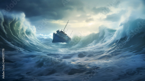 Boat in distress. A ship sailing in the storm on a rough sea, about to sink. A clearing in the sky could prevent it from disaster.