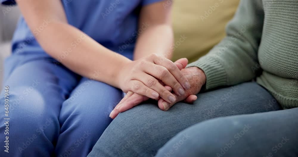 Support, hope and hands of senior woman with nurse on sofa for comfort, kindness or cancer news empathy. Homecare, trust and lady caregiver with old patient in living room with help, care or love Support, hope and hands of senior woman with nurse on sofa for comfort, kindness or cancer news empathy. Homecare, trust and lady caregiver with old patient in living room with help, care or love