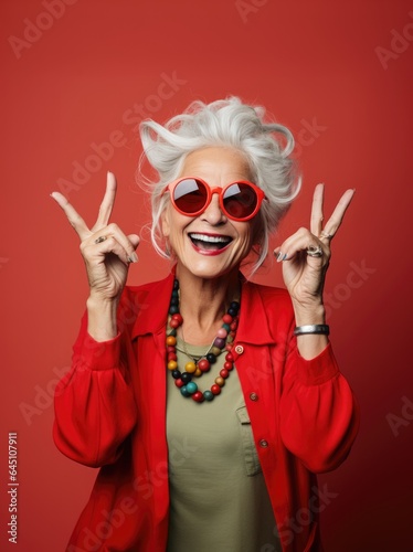 Happy senior woman in sunglasses showing peace sign and smiling at camera isolated on red