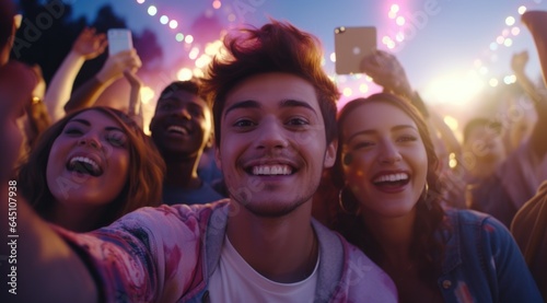 Group of friends taking selfie with smartphone 